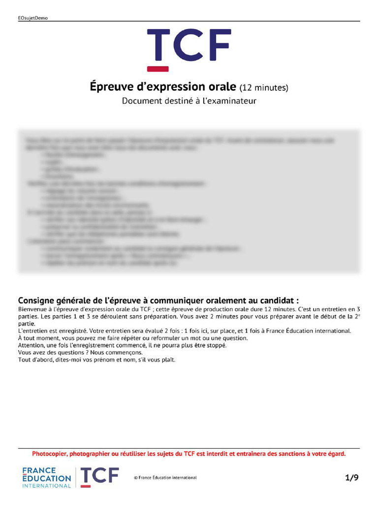 Épreuve d'expression orale TCF: Guide | PDF