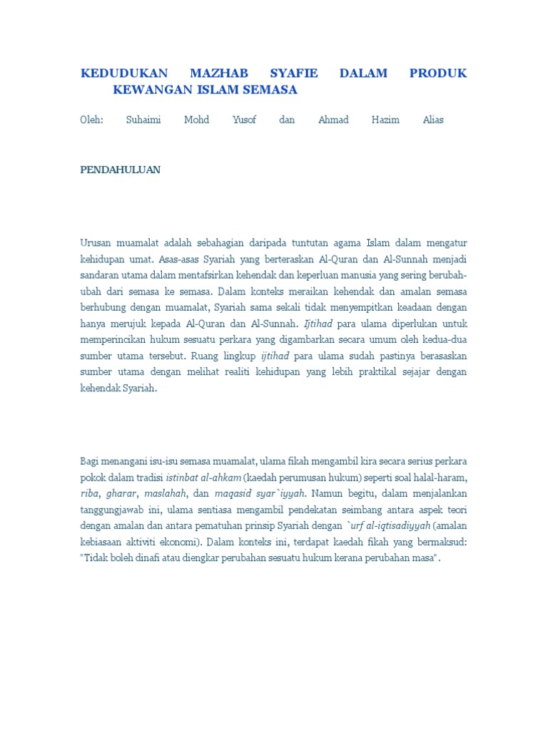 Kedudukan Mazhab Syafie Dalam Produk Kewangan Islam Semasa Pdf