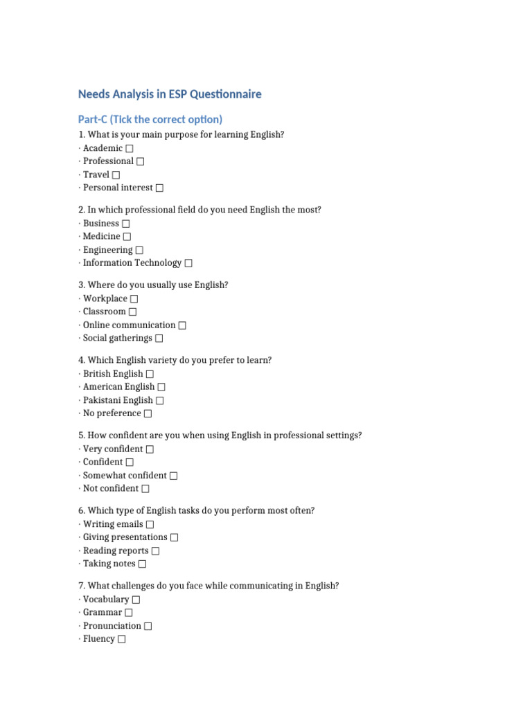 ESP Needs Analysis Questionnaire | PDF | Reading Comprehension ...