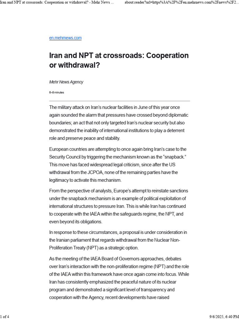 Iran's NPT Dilemma: Cooperation or Exit? | PDF | Treaty On The Non ...
