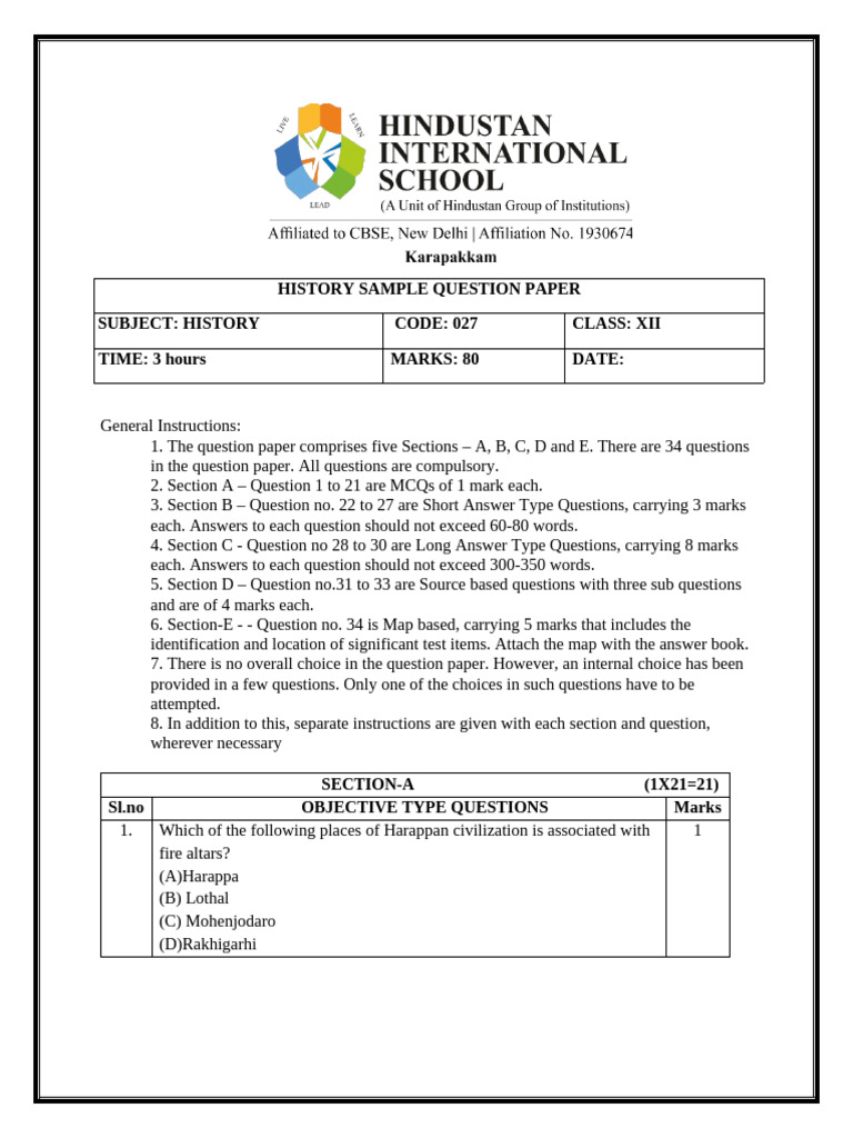 History Class XII Sample Question Paper | PDF
