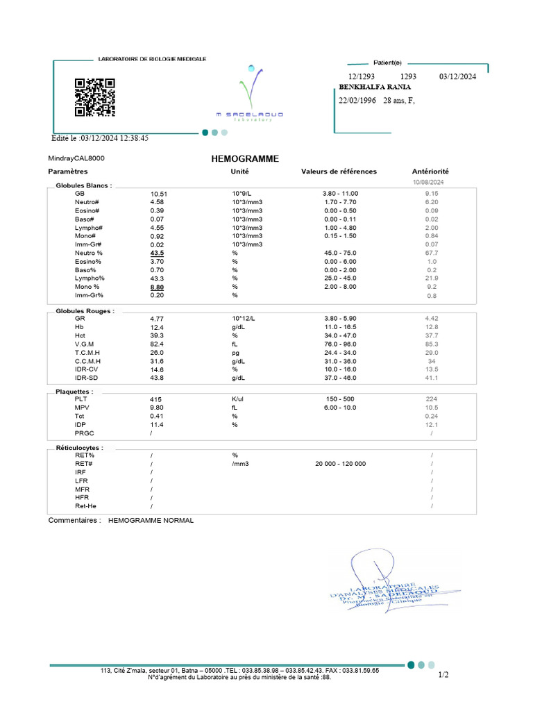 Résultats d'Hémogramme et Biochimie | PDF | Sang | Hématologie