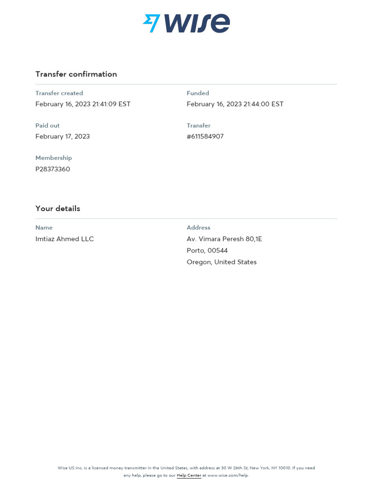 Wise US Inc. Transfer Confirmation Details | PDF | Foreign Exchange ...