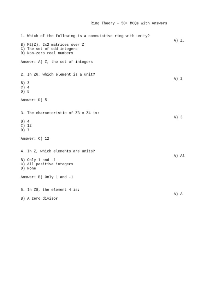 Ring Theory Mcqs Full | PDF | Ring (Mathematics) | Integer