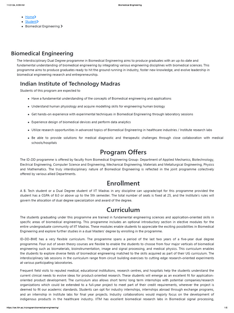 IIT Madras Biomedical Engineering Program | PDF | Biomedical ...