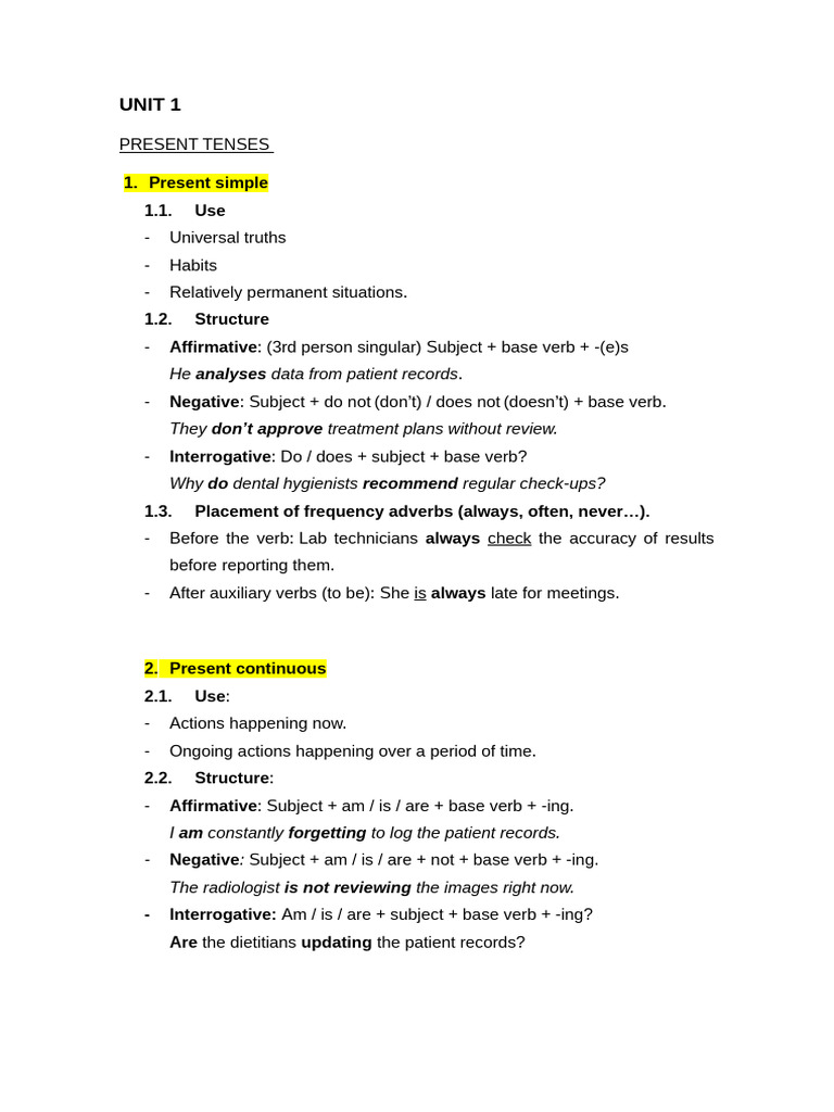 Grammar Unit 1 and 2 | PDF | Verb | Subject (Grammar)