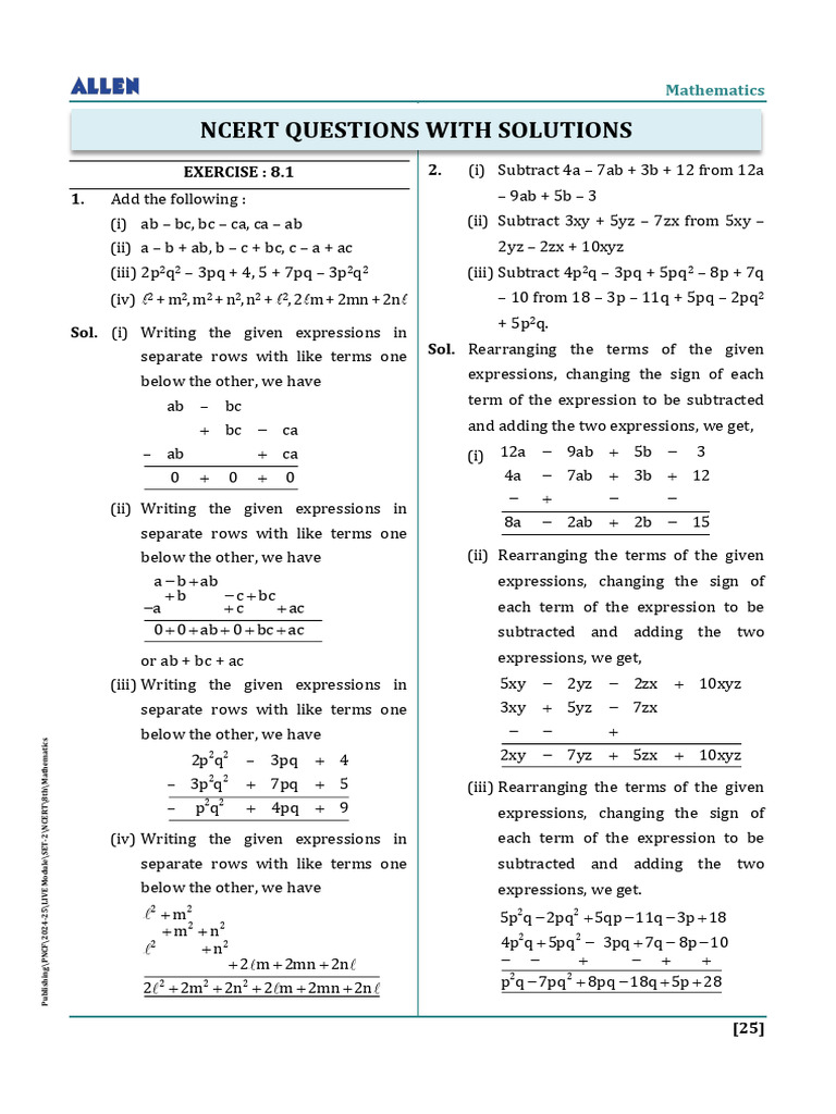 Class 8 Mathematics NCERT Exercises | PDF | Factorization | Discrete ...