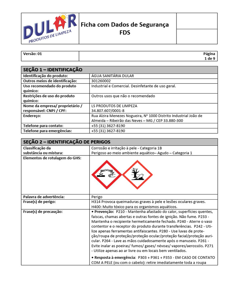 Ficha de Segurança Água Sanitária Dular | PDF | Primeiros socorros ...