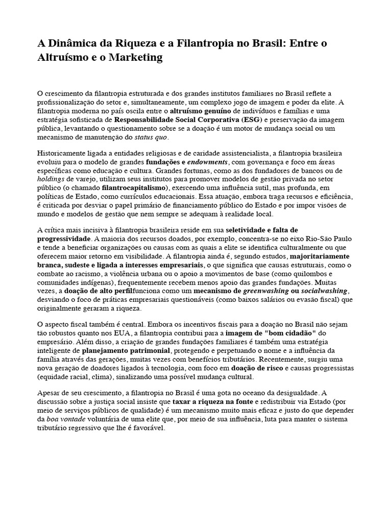 Filantropia no Brasil: Altruísmo ou Marketing? | PDF | Altruísmo | Brasil