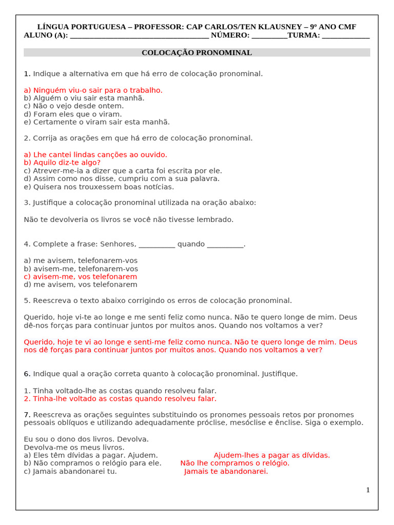 Colocação Pronominal - Exercícios (Gab) | PDF | Sintaxe | Famílias ...