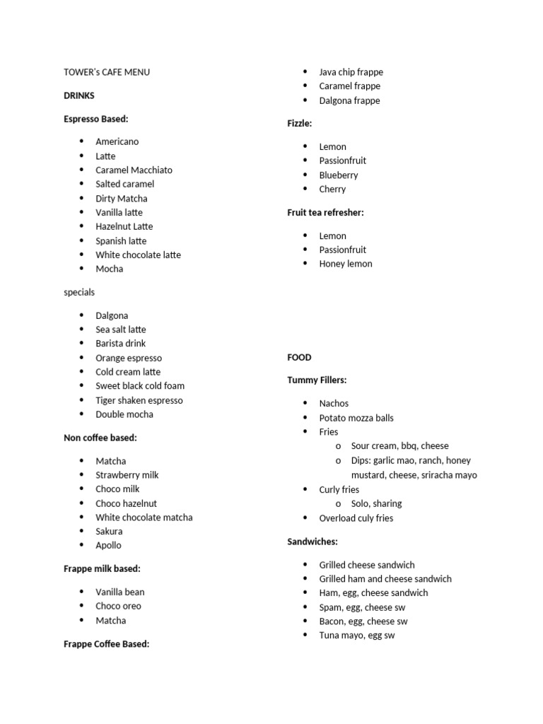 Tower's Cafe Menu-Wps Office | PDF | Food And Drink Preparation ...