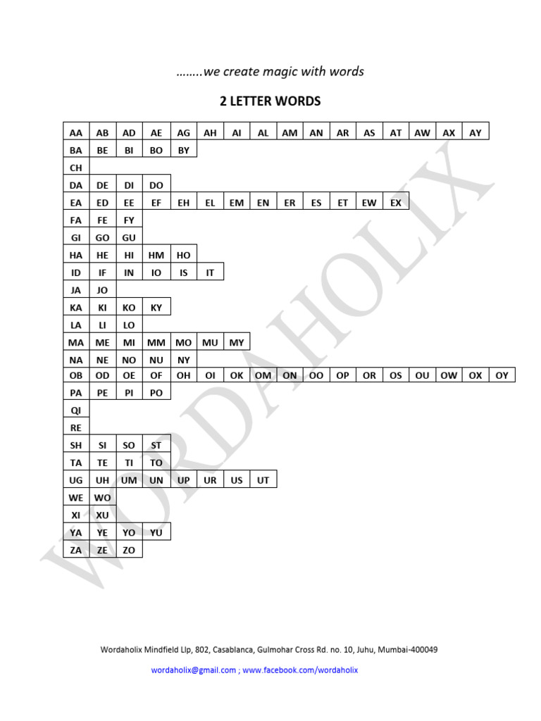 2 LETTER WORDS in Grid Format | PDF