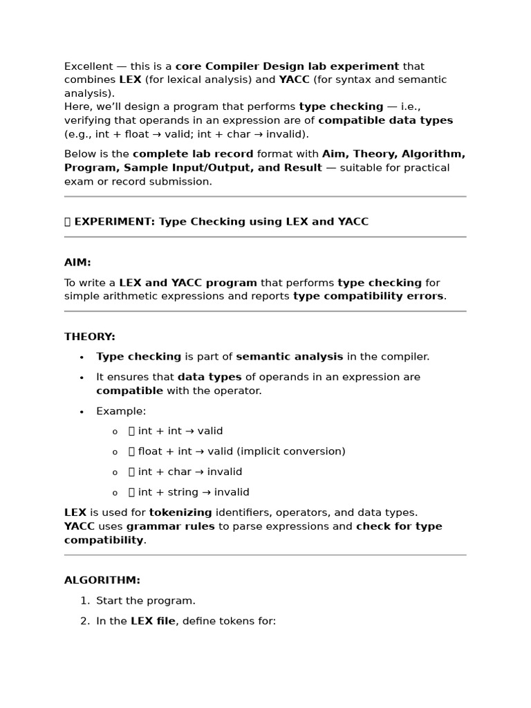 Type Checking with LEX and YACC | PDF | Computer Program | Programming