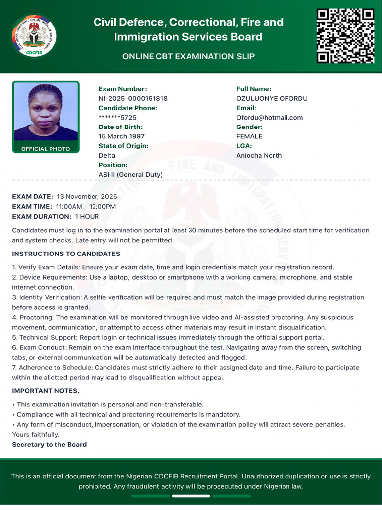 OZULUONYE OFORDU Application Slip | PDF