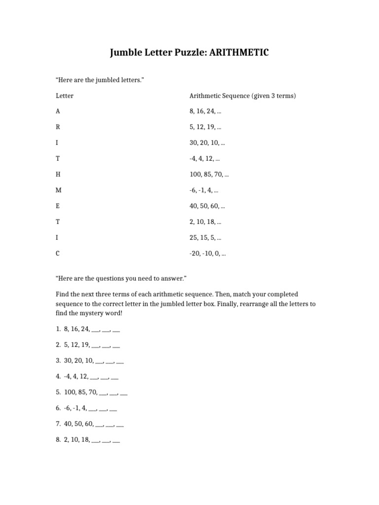 Jumbled Arithmetic Sequence Puzzle | PDF