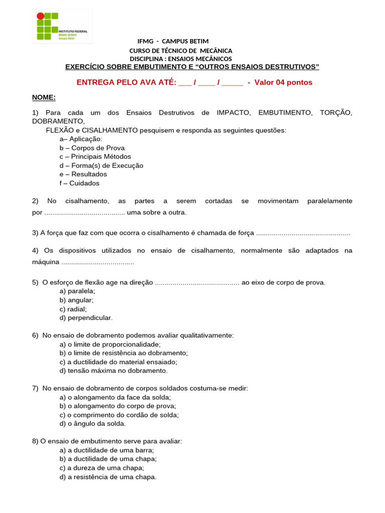 Ensaios Mecânicos: Impacto e Embutimento | PDF | Ductilidade | Estresse ...