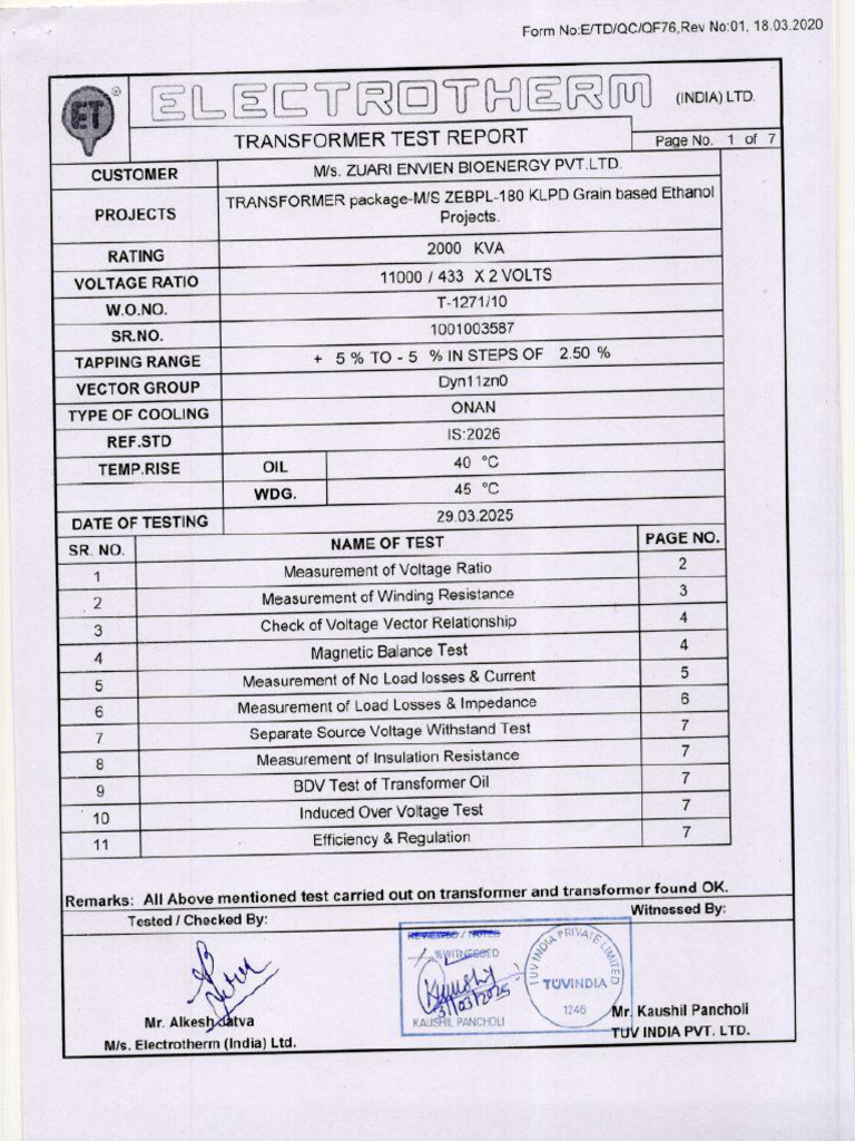 3587 Td-262 A T-1271 2000kva Inspection Test Report | PDF