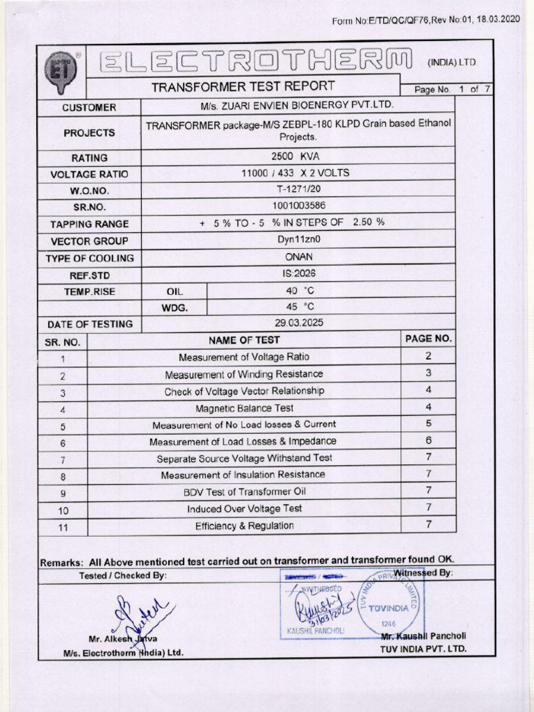 3586 TD-262B 1ST T-1271 2500KVA Inspection HRT Test Report | PDF