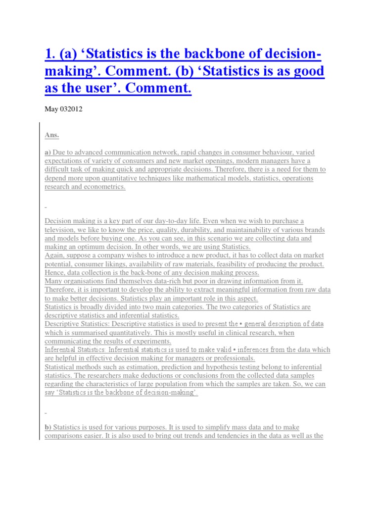 (A) Statistics Is The Backbone of Decision-Making'. Comment. (B ...