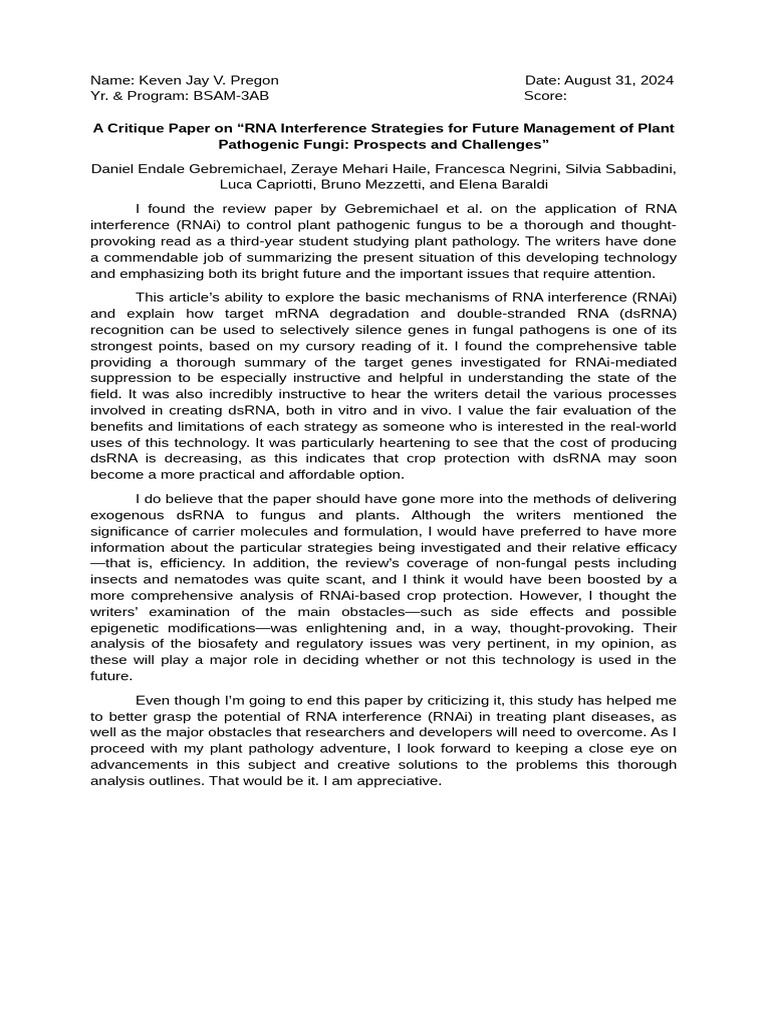 RNAi in Plant Pathology: A Critique | PDF | Rna Interference | Rna