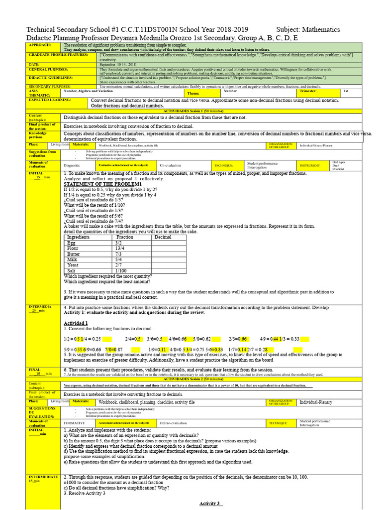 Mathematics Didactic Planning for 1st Secondary | PDF | Decimal | Numbers