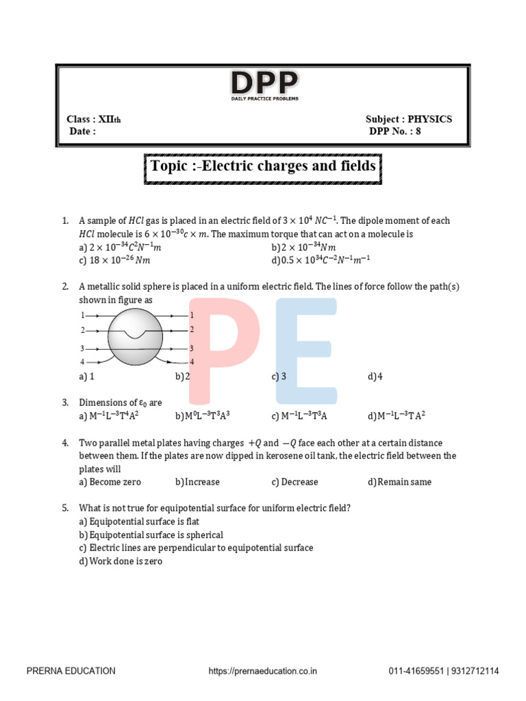 Electric Charges and Fields DPP 8 | PDF | Sphere | Electric Field