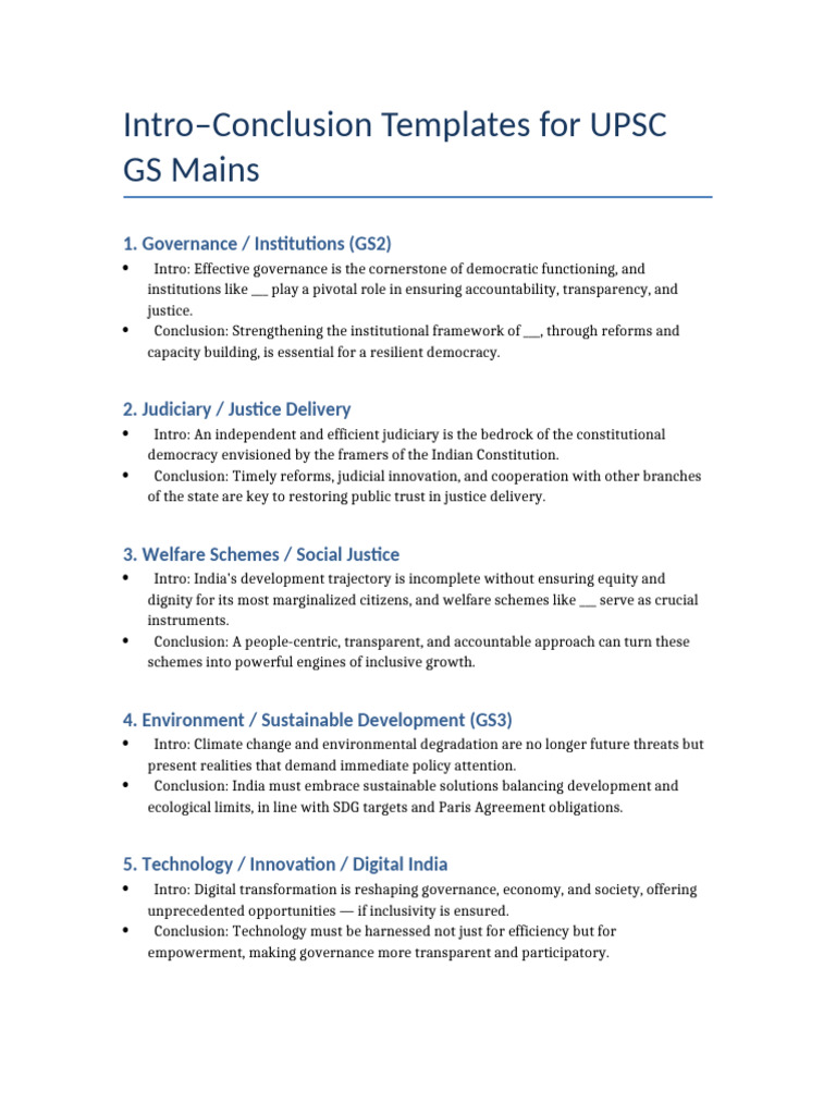 UPSC Intro-Conclusion Templates | PDF | Governance | Sustainability