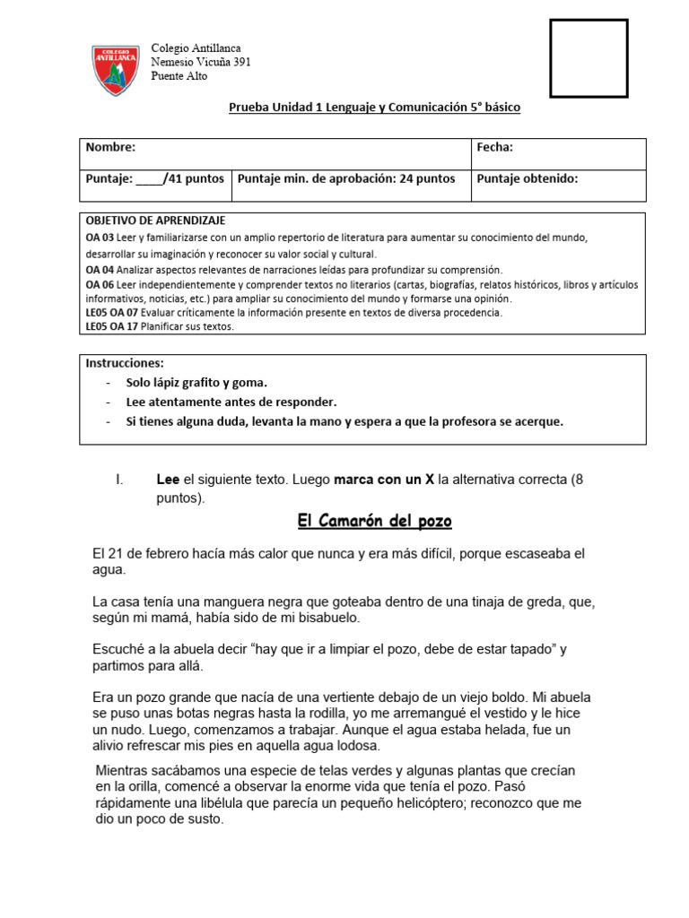 Prueba Lenguaje 5° Básico Colegio Antillanca | PDF | Música grabada ...