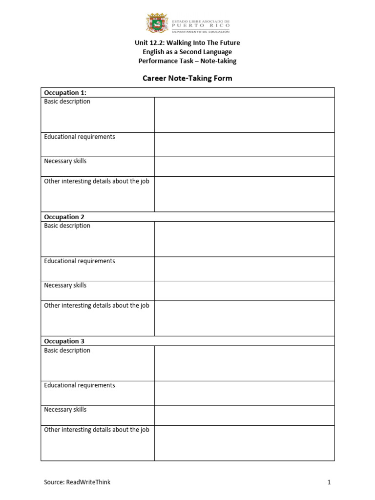 ESL Career Note-Taking Guide | PDF