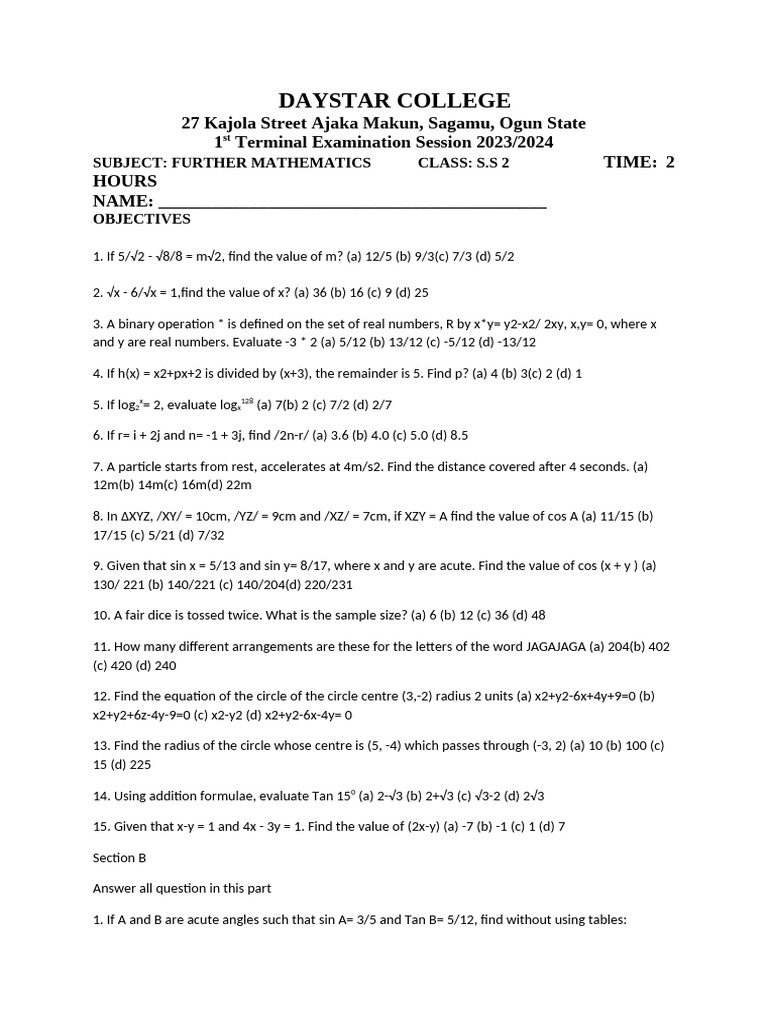 Further Mathematics Exam Paper S.S 2 | PDF | Circle | Euclidean Geometry