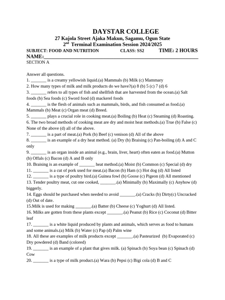 SS2 Food and Nutrition Exam 2024/2025 | PDF | Foods | Offal