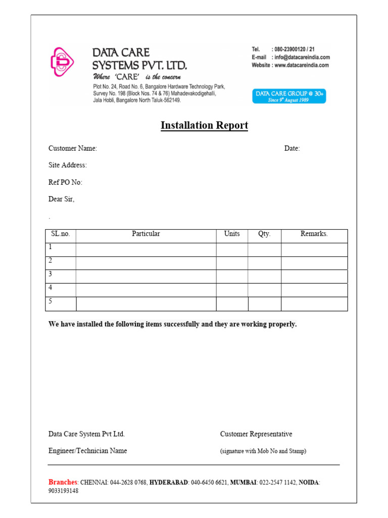 Installation Report for Data Care System | PDF