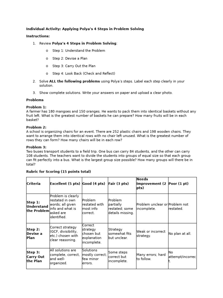 Polya's 4 Steps in Solving Word Problem-Activity-Midterm | PDF