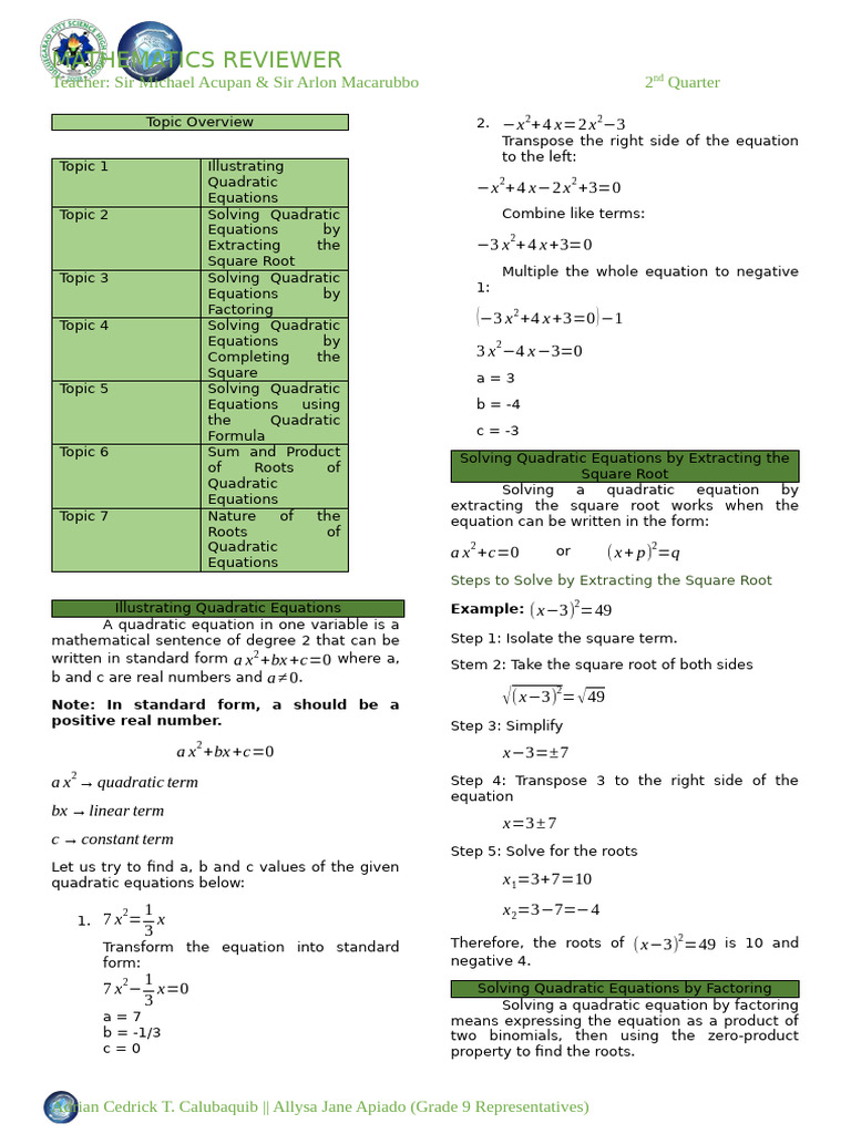 Quadratic Equations Study Guide | PDF | Quadratic Equation | Square Root