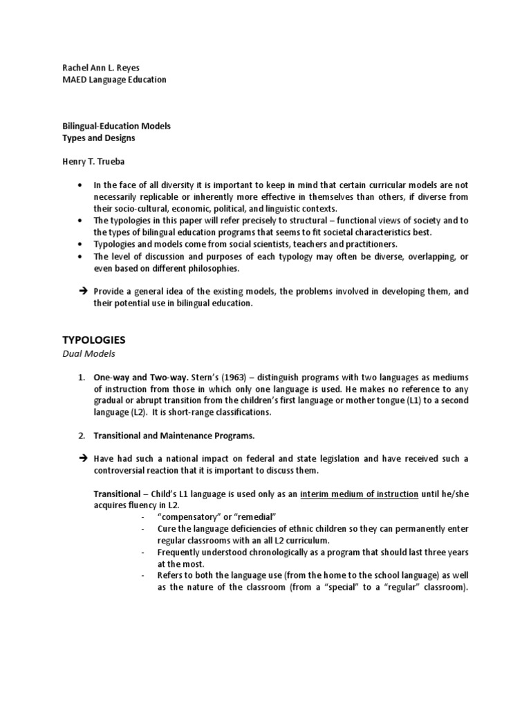 Bilingual Education Models and Typologies | PDF | First Language ...