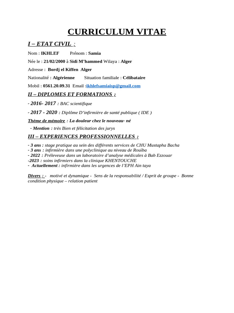 CV de Samia Ikhlef, Infirmière diplômée | PDF