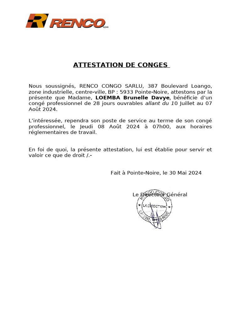 Attestation de congé et d'emploi 2024 | PDF
