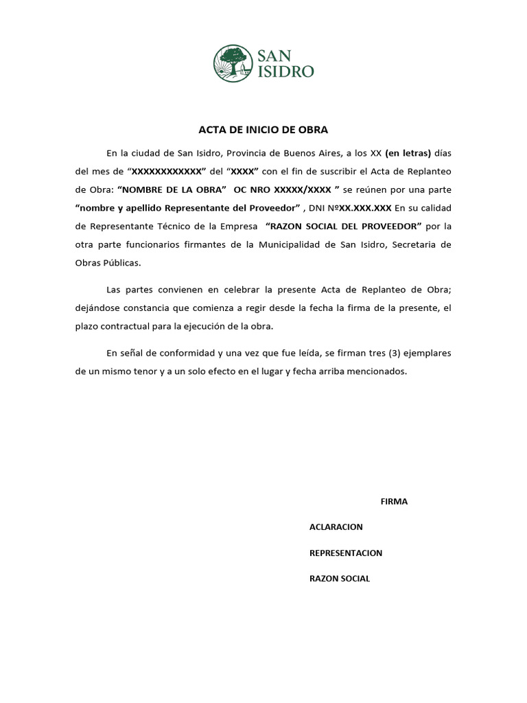 Acta de Inicio de Obra en San Isidro | PDF