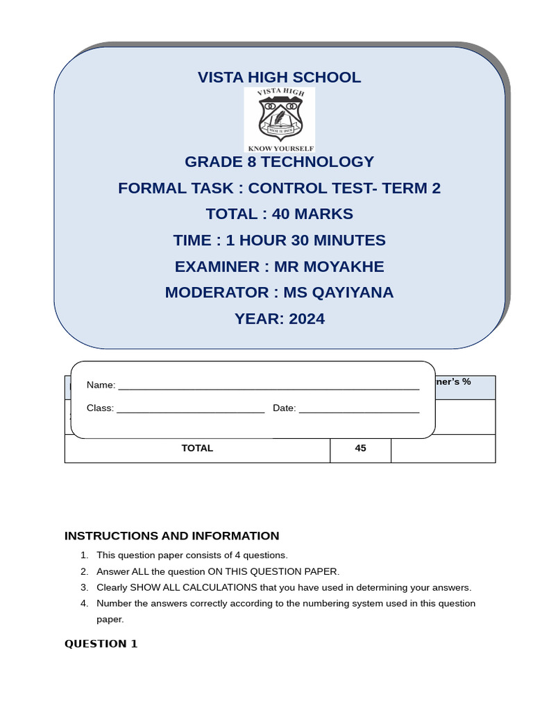 Grade 8 Technology Control Test 2024 | PDF