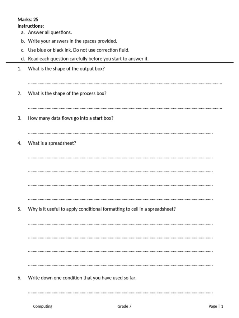 Grade 7 Spreadsheet Computing Quiz | PDF | Computing