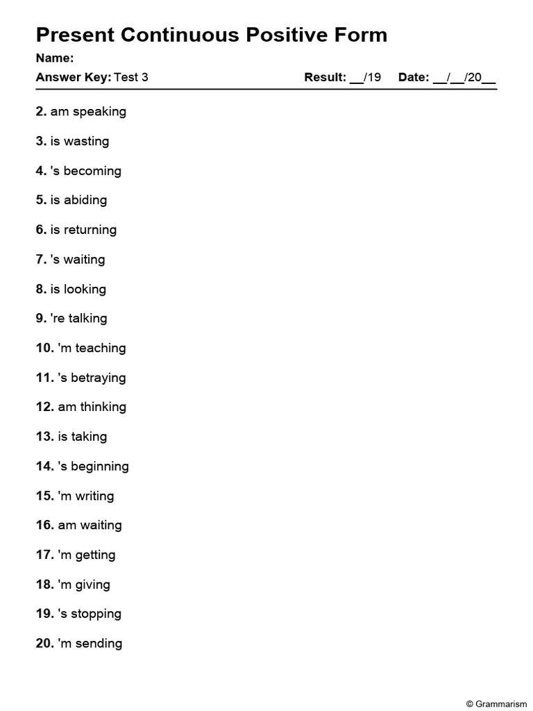 Grammarism Present Continuous Positive Test 3 Answers 2192976 | PDF
