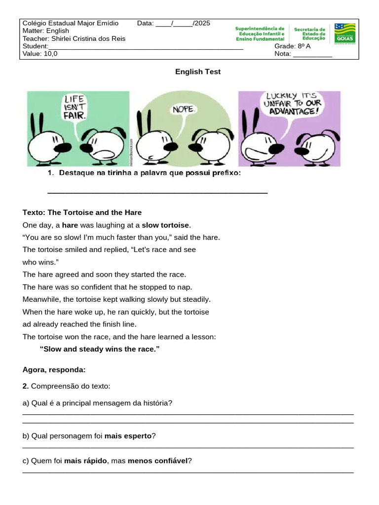 English Test: Tortoise and Hare Story | PDF