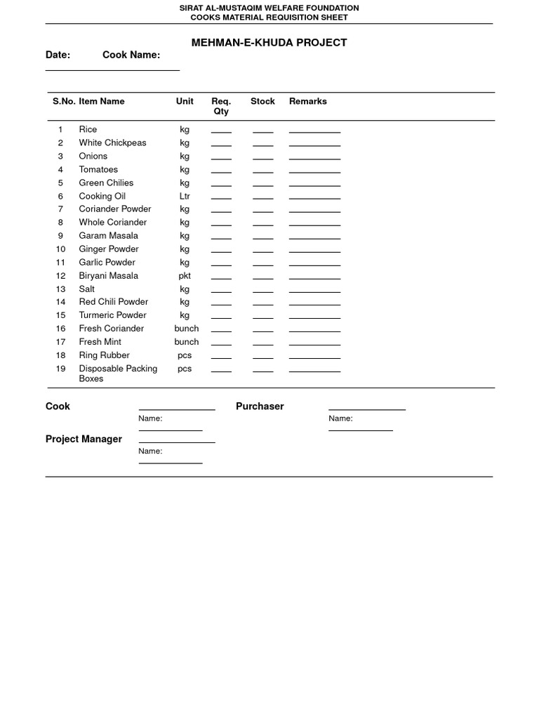 Cook Material Requisition Sheet | PDF