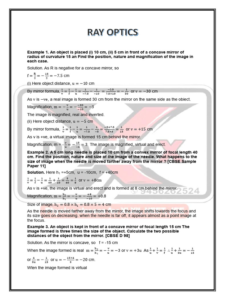 Mirror and Lens Image Formation Examples | PDF | Electrodynamics | Light
