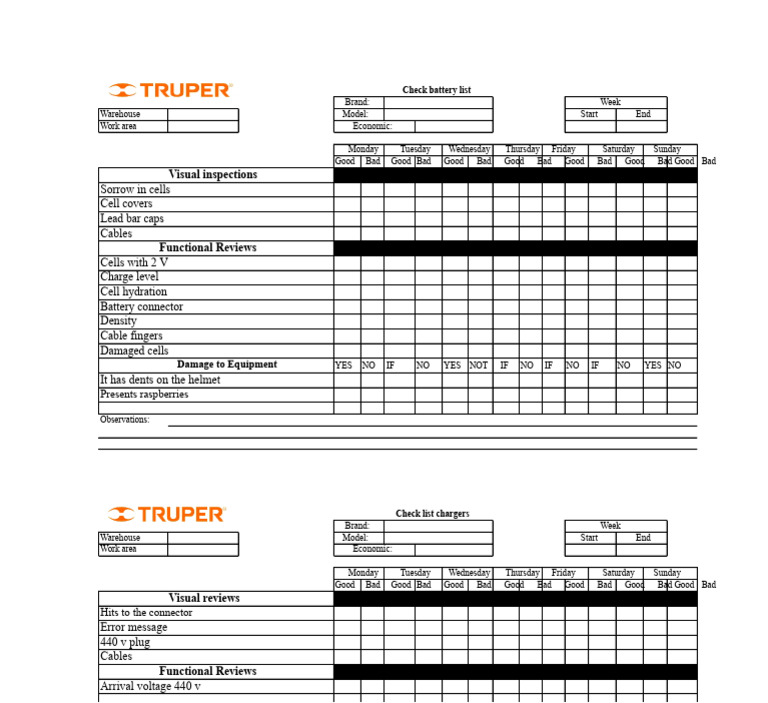 Check List Batteries Chargers | PDF
