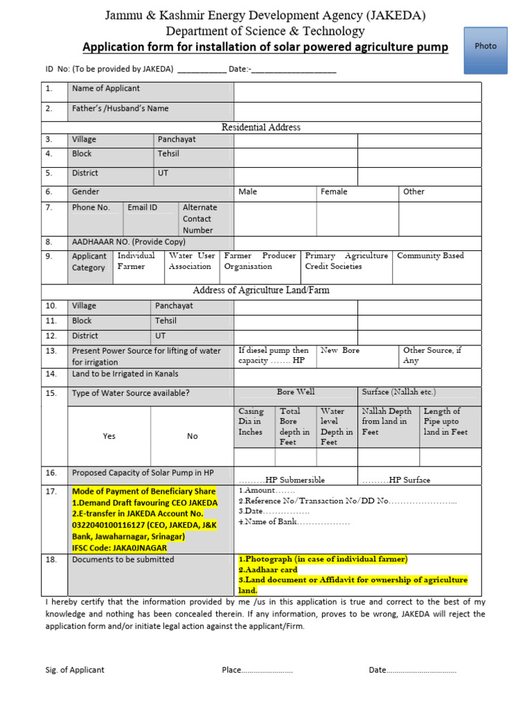 Application Form For Solar Pump Along With Affidavit Template & Rate ...