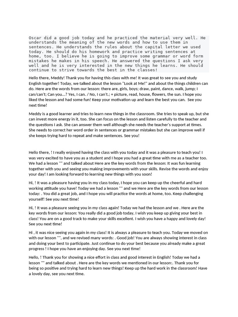 Comment Templates | PDF | Vocabulary | English Language