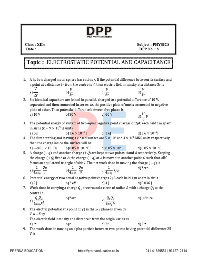 Electric Potential and Capacitance DPP 8 | PDF | Capacitor | Capacitance