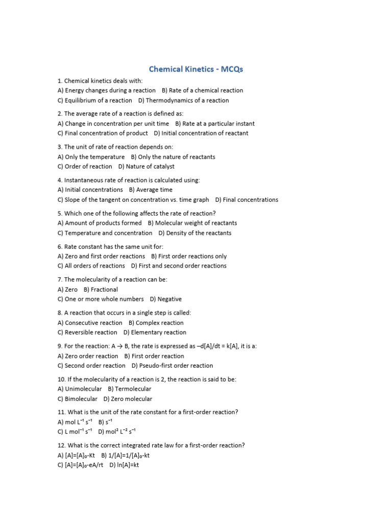Chemical Kinetics MCQs for Students | PDF | Reaction Rate | Activation ...
