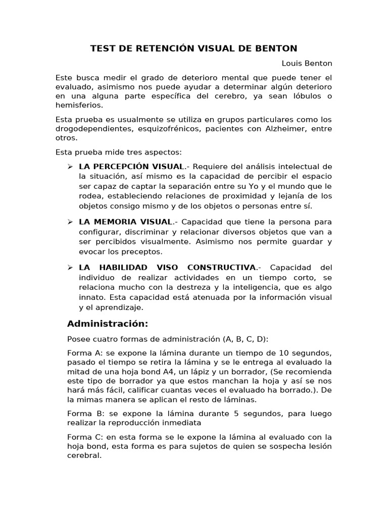 Test de Retención Visual de Benton | PDF | Cociente de inteligencia ...